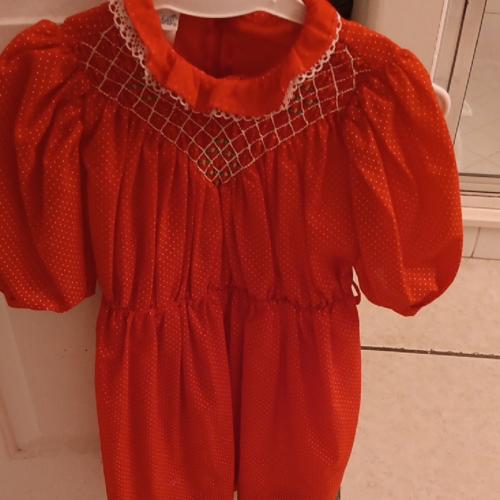 Red Girls' Casual Dress with Smocked Yoke